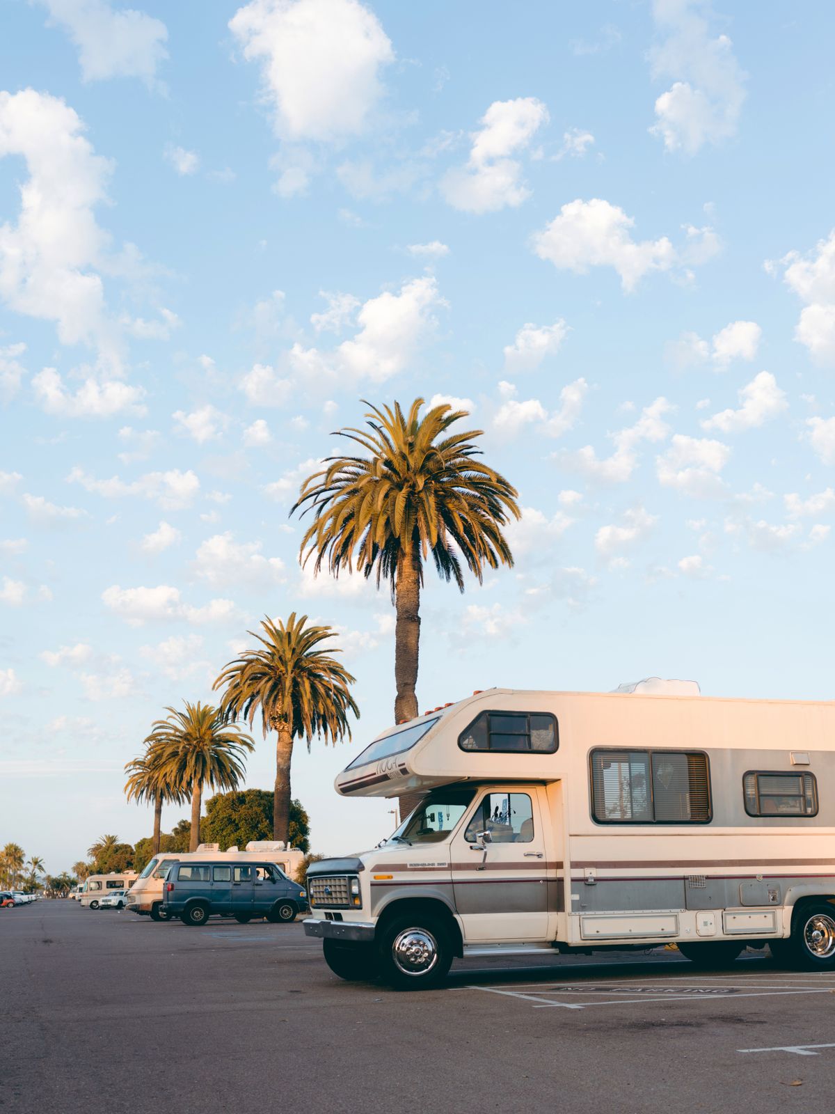 Class C motorhome with a rooftop air conditioner parked near tall palm trees under a blue sky